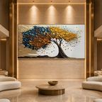 GOLDEN WHISPERS: Golden Blue Textured Tree Impasto Canvas