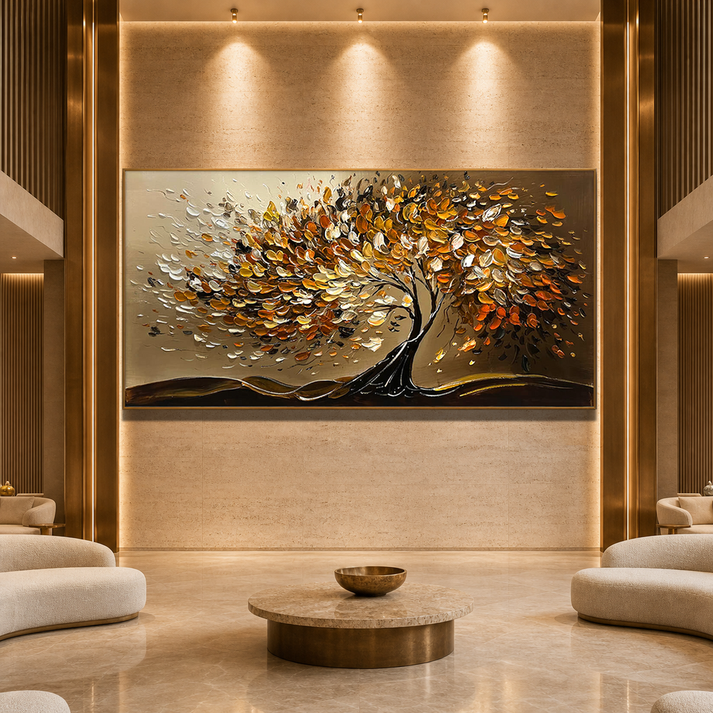 GOLDEN WHISPERS: Warm Gold Brown Textured Tree Impasto Canvas