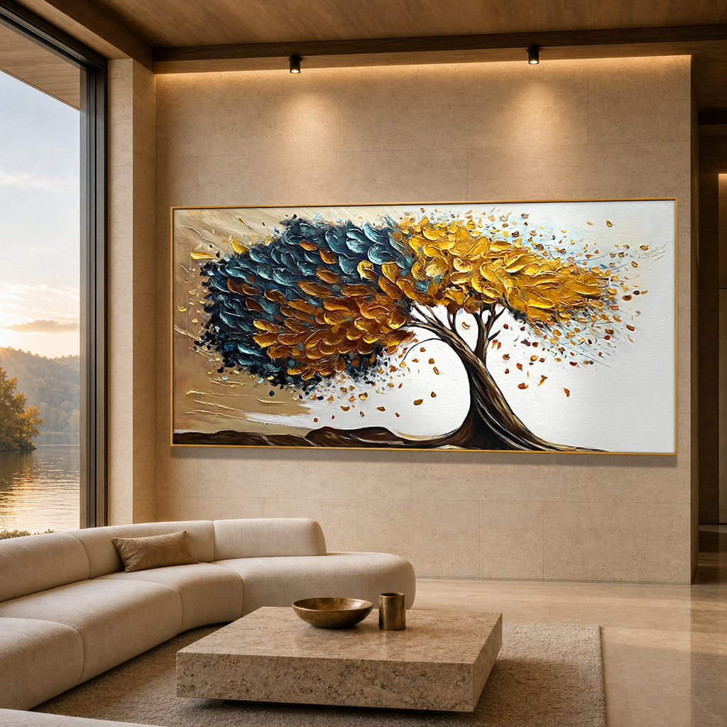 GOLDEN WHISPERS: Golden Blue Textured Tree Impasto Canvas