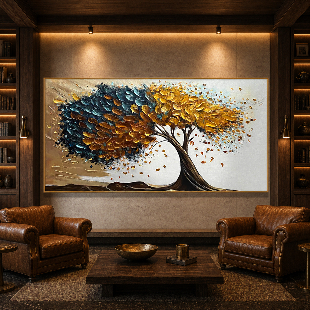 GOLDEN WHISPERS: Golden Blue Textured Tree Impasto Canvas