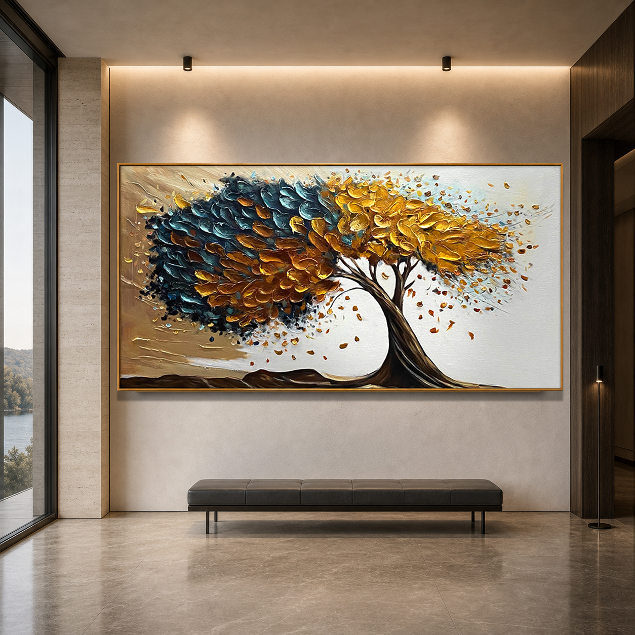 GOLDEN WHISPERS: Golden Blue Textured Tree Impasto Canvas