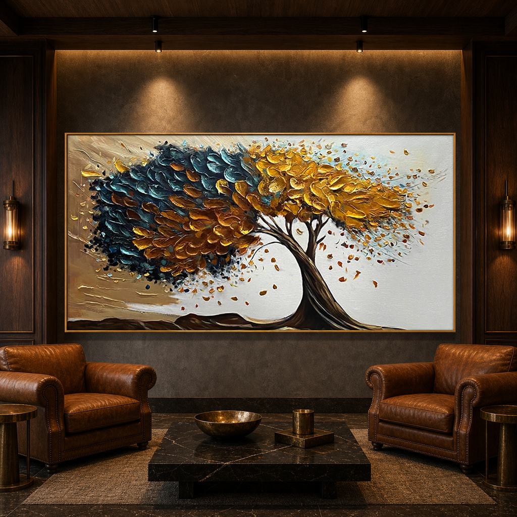GOLDEN WHISPERS: Golden Blue Textured Tree Impasto Canvas