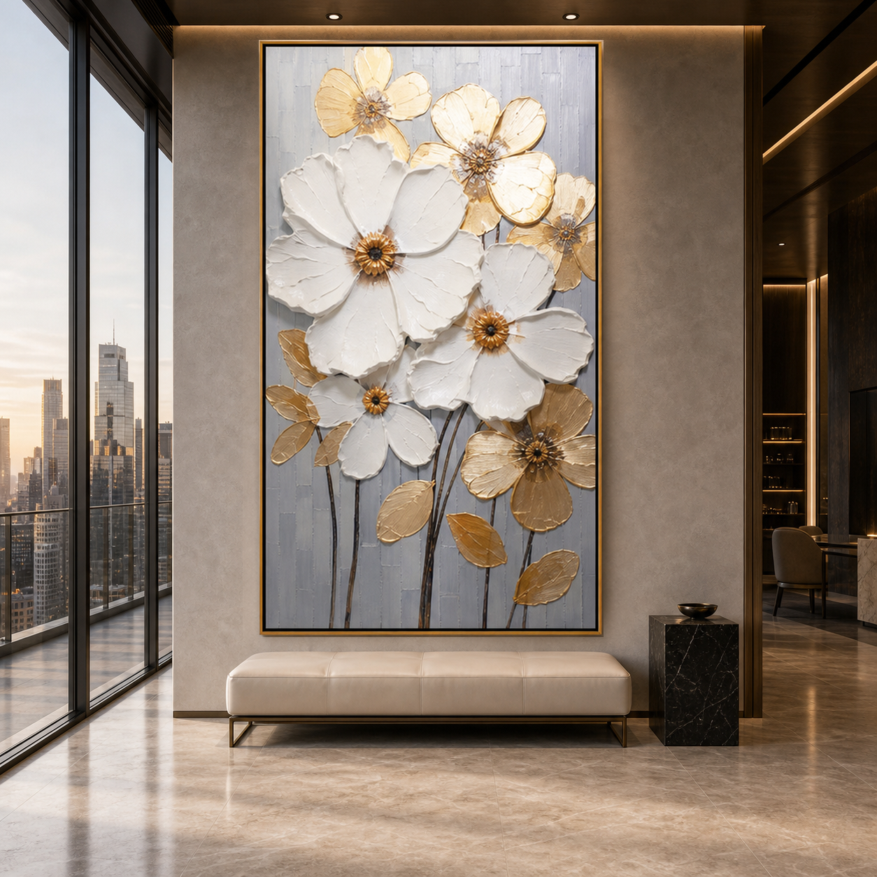 GOLDEN WHISPERS: Gold White Textured Floral Elegant Impasto Canvas