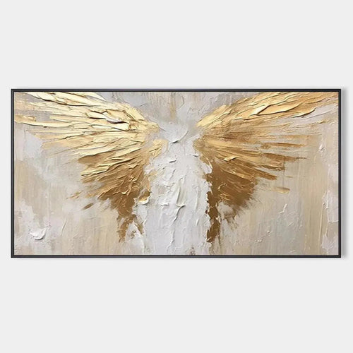 Textured abstract painting of golden wings on beige background, panoramic canvas art for modern decor
