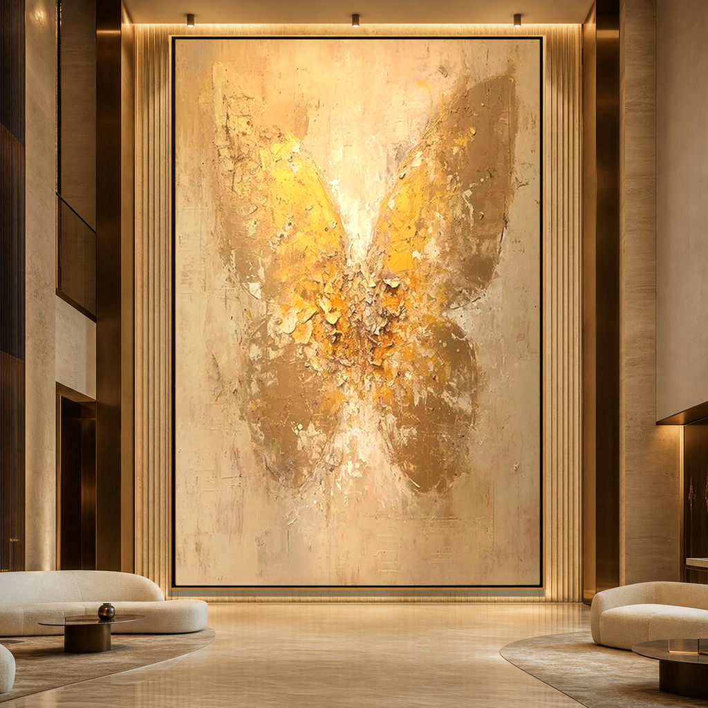 GOLDEN WINGS: Golden Butterfly Beige Textured Canvas
