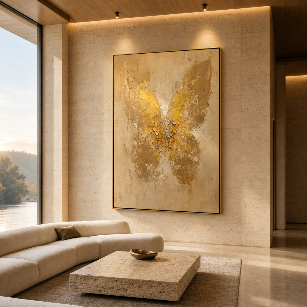 GOLDEN WINGS: Golden Butterfly Beige Textured Canvas