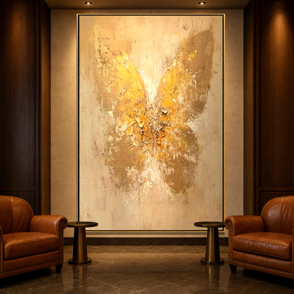 GOLDEN WINGS: Golden Butterfly Beige Textured Canvas