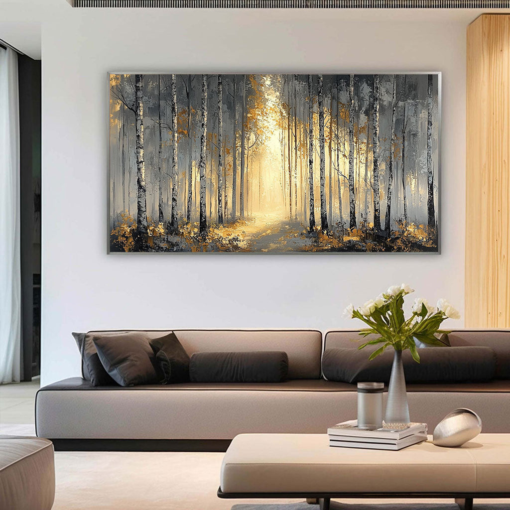 GOLDEN WOODS: Sunlit Forest Depth Light And Shadow Oil Painting