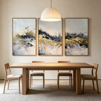 GOLD & GREY ABSTRACT TRIPTYCH: Flowing Gold Grey White Canvas Set Of 3