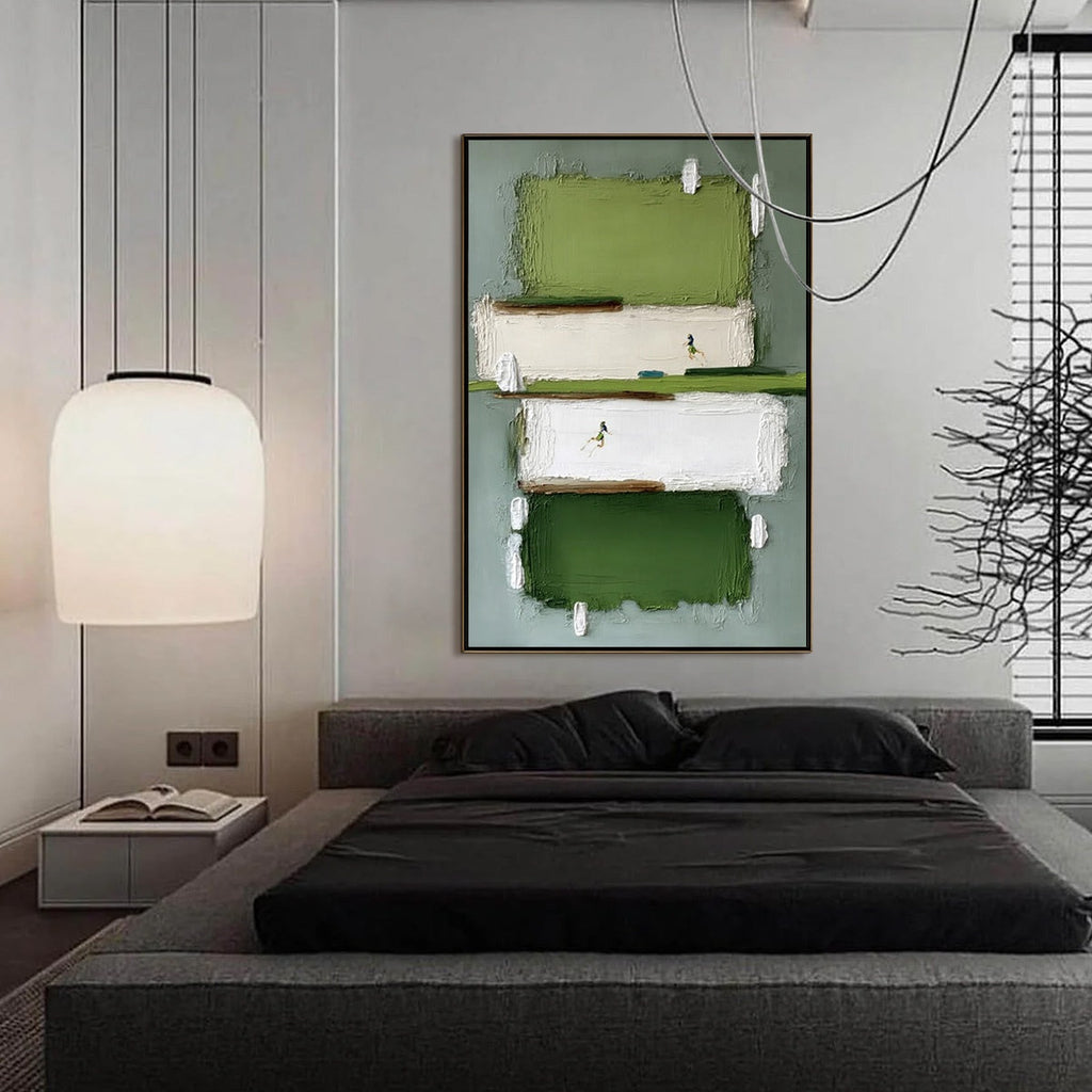 GREENFIELD DASH: Textured Abstract Sports Painting in Green and White