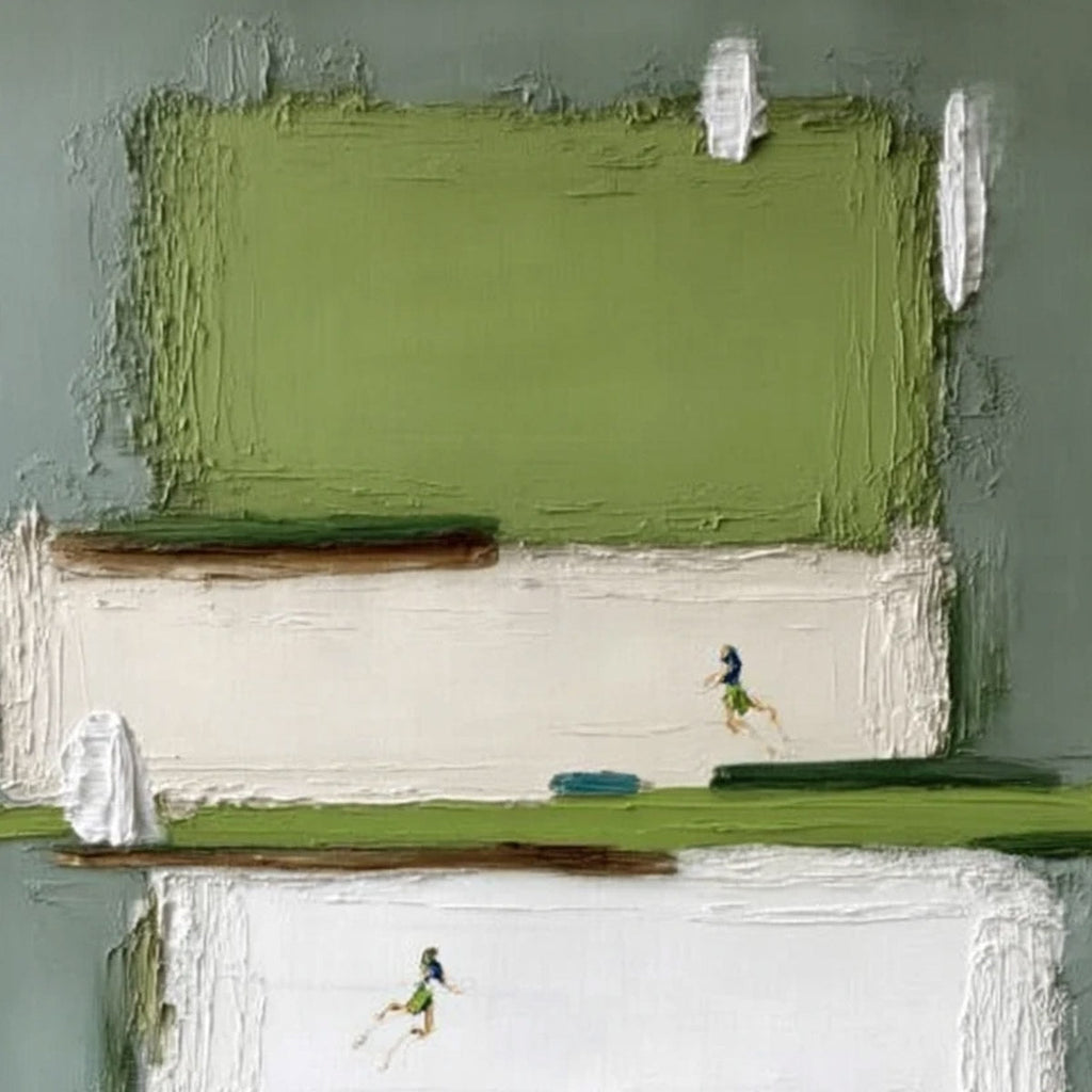 GREENFIELD DASH: Textured Abstract Sports Painting in Green and White