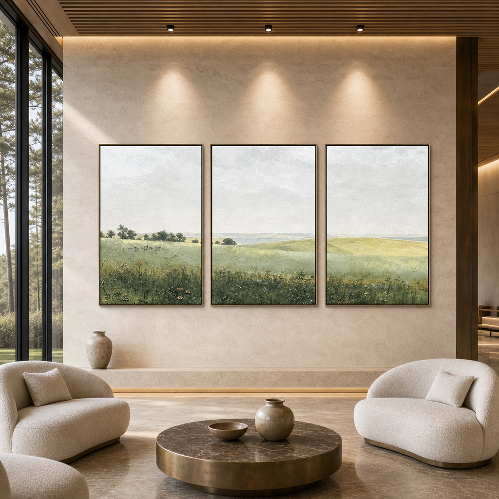 GREEN FIELD TRIPTYCH: Irish Rolling Hills Soft Green Wabi Sabi Set Of 3