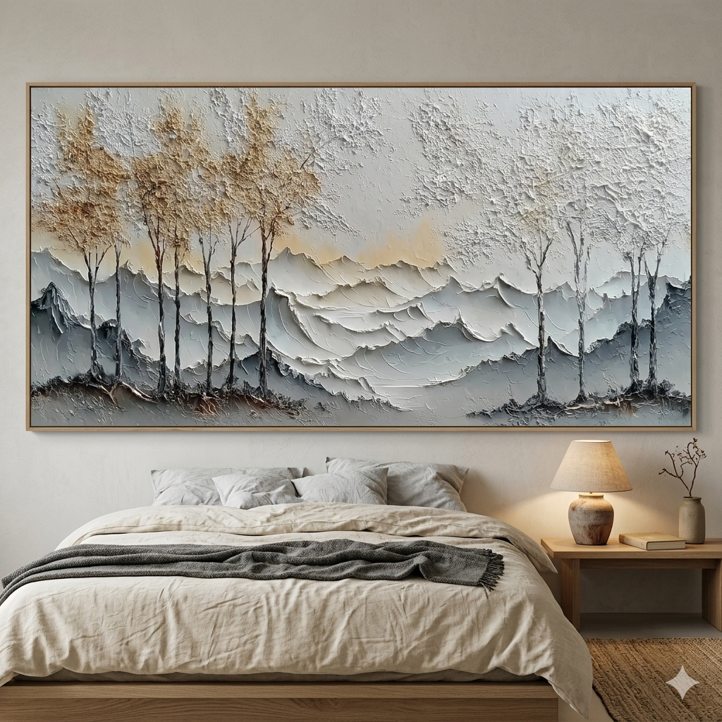 GOLDEN SILENCE: Thick Textured Wabi Sabi Mountain And Trees Canvas