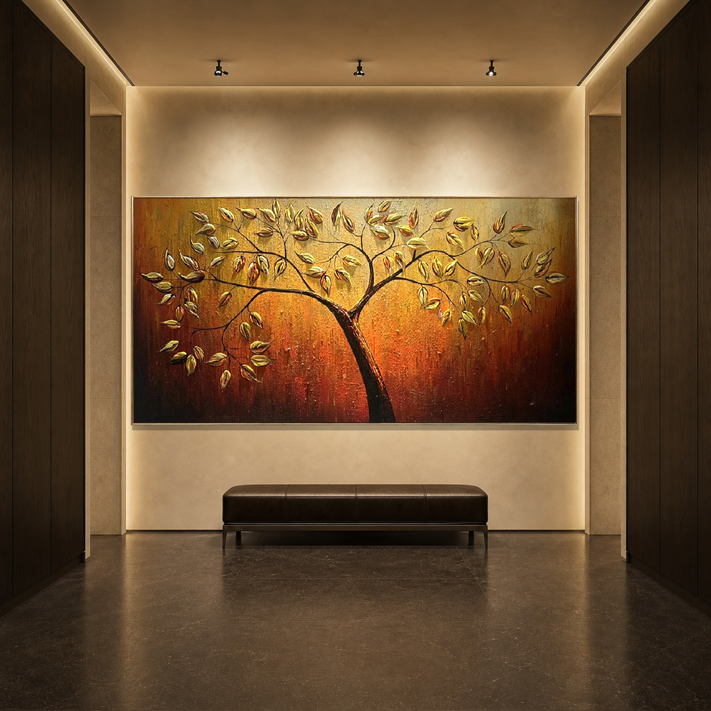GOLDEN LEAF TREE OF LIFE: 3D Gold Leaf Tree Relief Impasto Canvas
