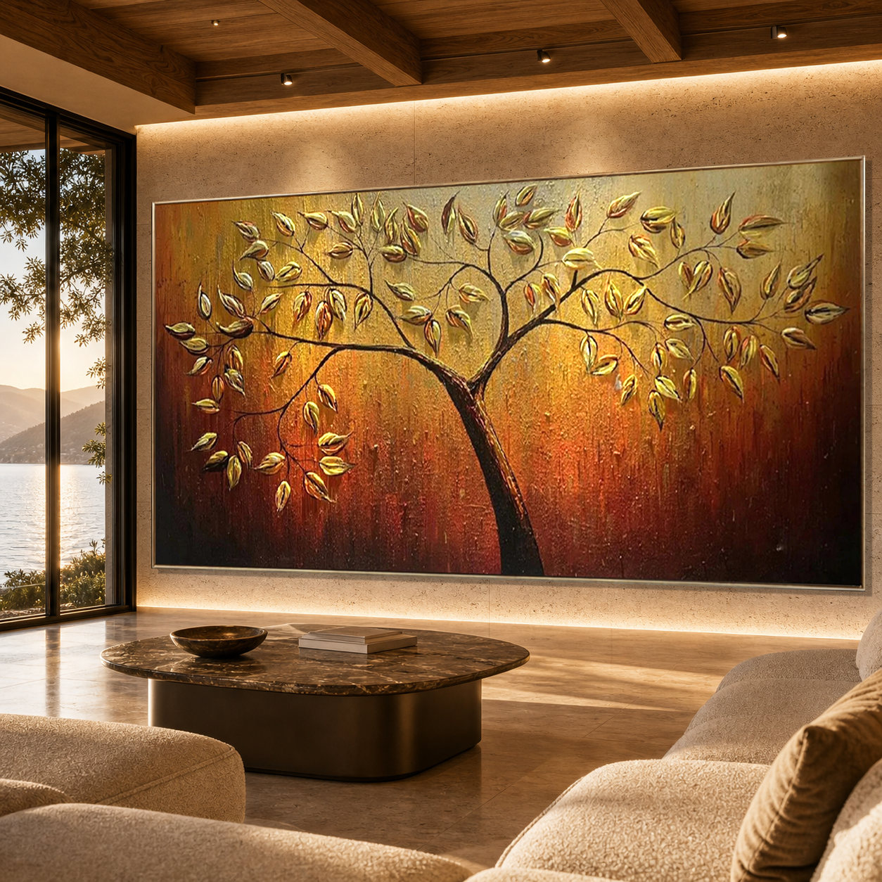 GOLDEN LEAF TREE OF LIFE: 3D Gold Leaf Tree Relief Impasto Canvas