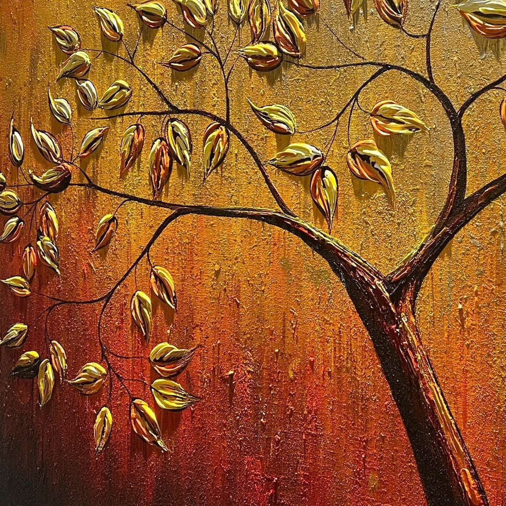 GOLDEN LEAF TREE OF LIFE: 3D Gold Leaf Tree Relief Impasto Canvas