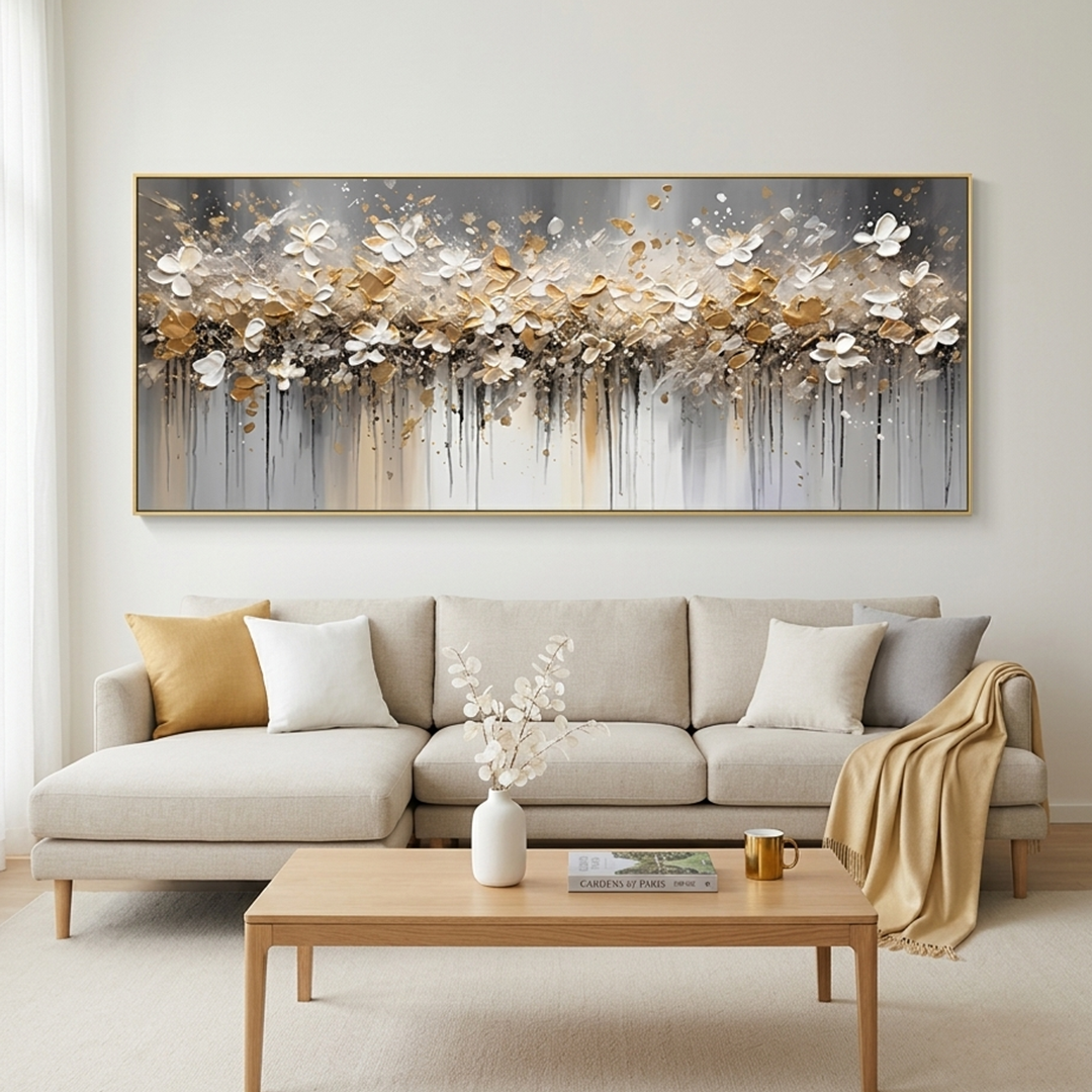 GOLDEN DRIFT: White Blossoms Gold Accents Panoramic Floral Abstract Canvas