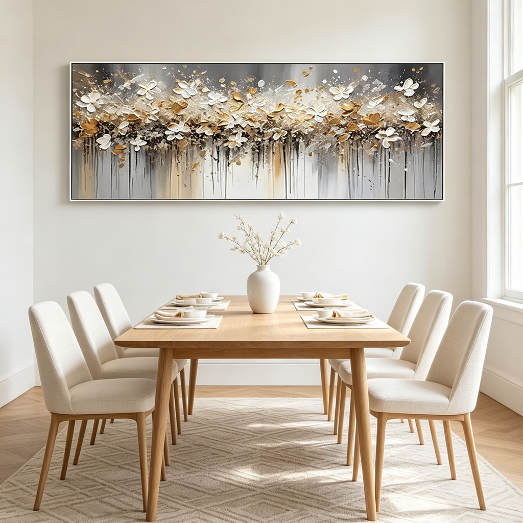 GOLDEN DRIFT: White Blossoms Gold Accents Panoramic Floral Abstract Canvas