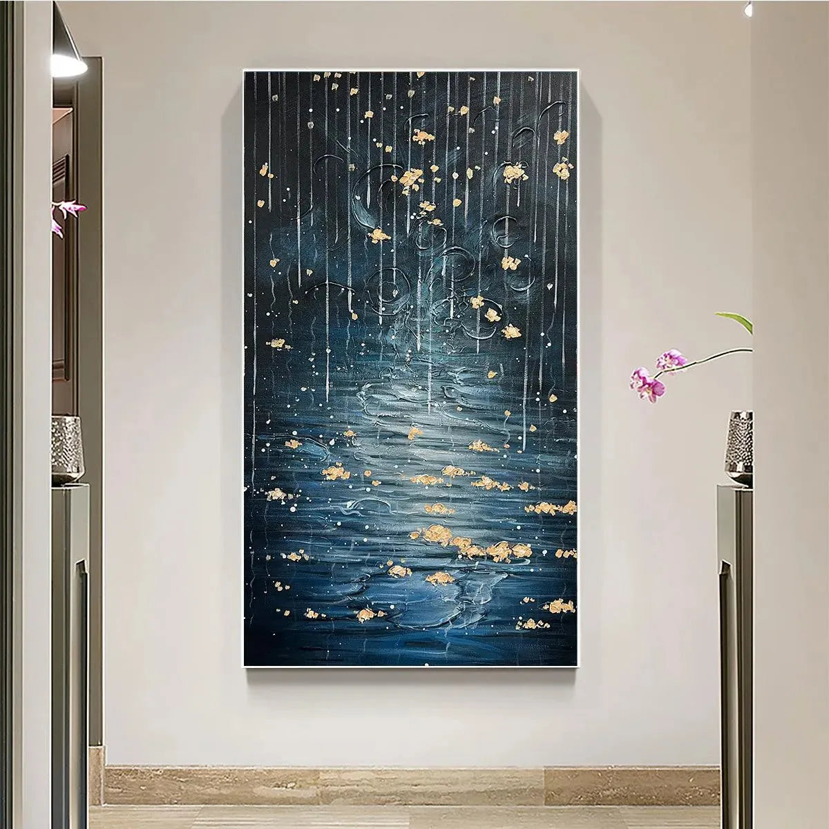 Golden Falls: Abstract Waterfall Painting | Blue & Gold | Vertical Canvas | Modern Wall Art