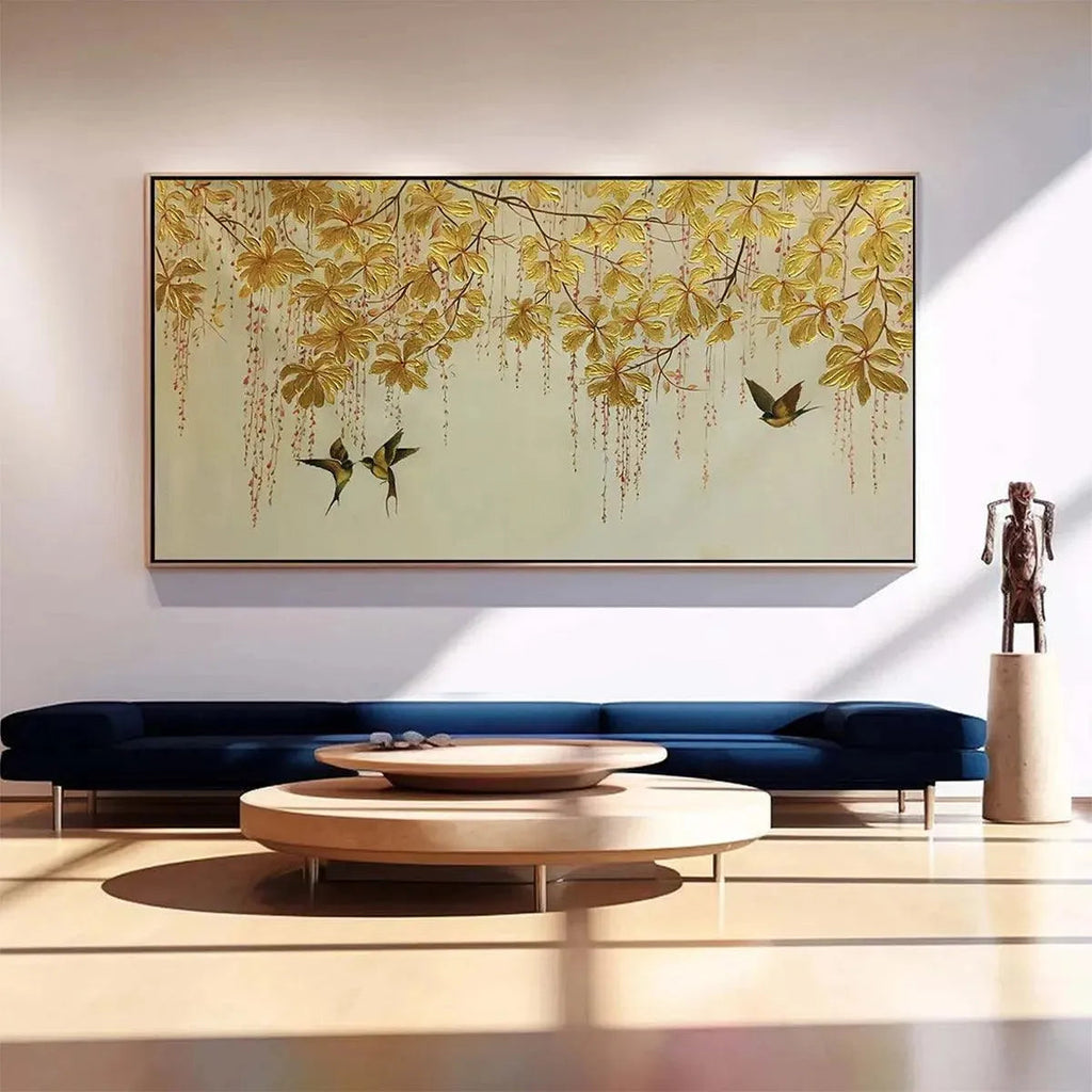 Golden Garden artwork by Chen Liu, birds and golden leaves in a modern living room setting, Asian art for home decor.