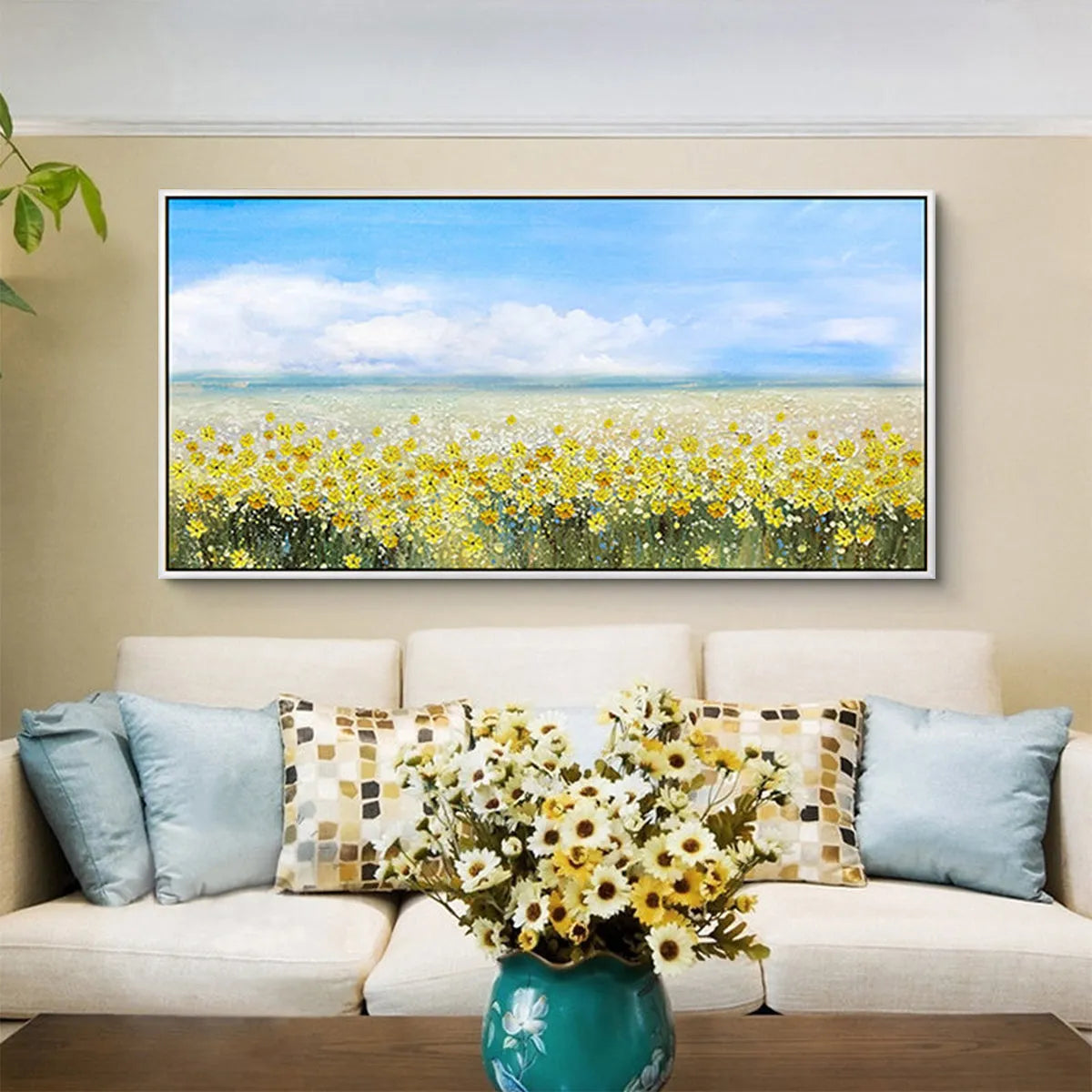 Golden Hour Bloom: Panoramic Landscape Oil Painting with Yellow Wildflowers and Blue Sky on Canvas