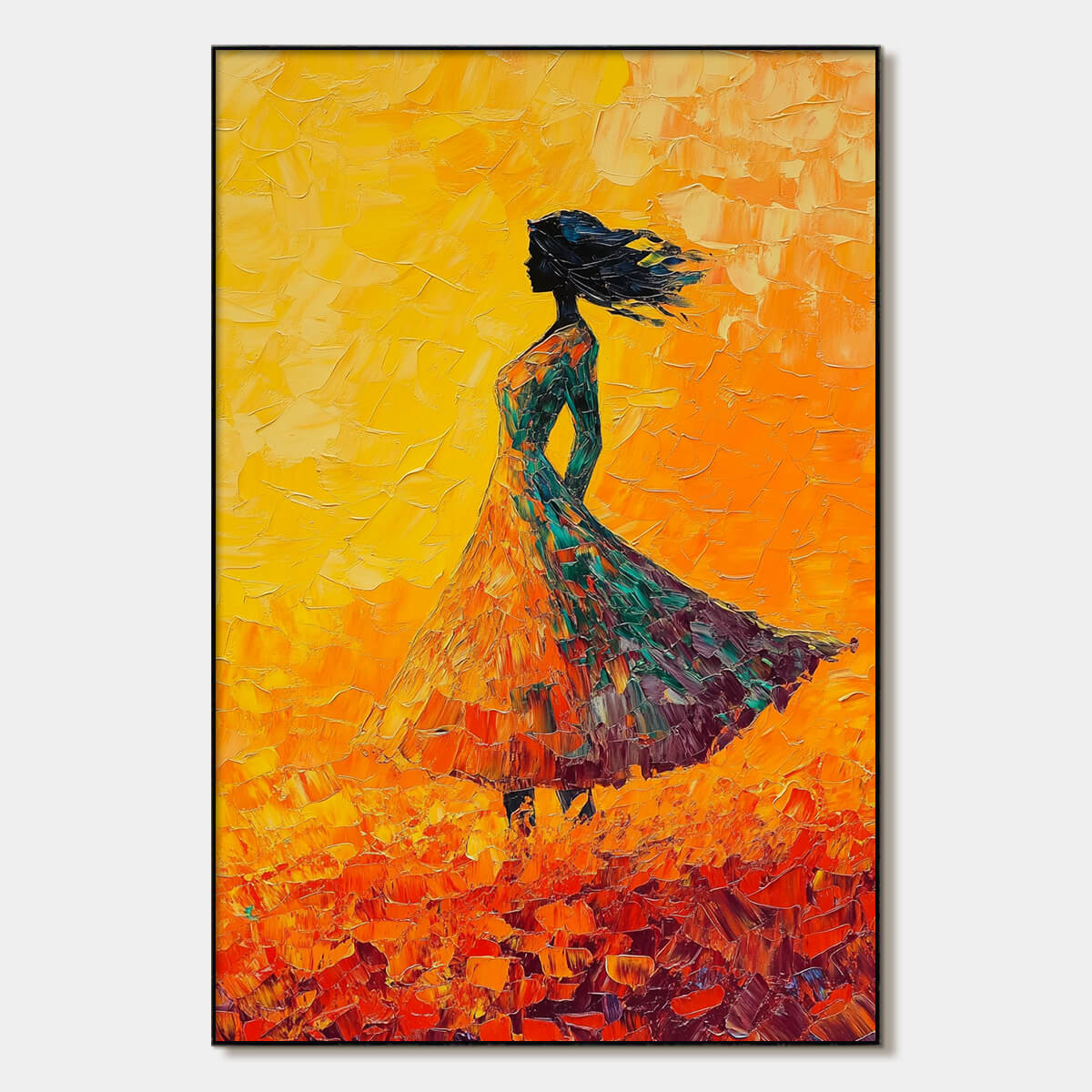 Golden Hour Grace: Textured Impasto Figurative Oil Painting Canvas Wall Art Woman Decor