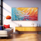 Textured impasto wall art with dynamic waves of blue, yellow, white, and red, creating a vibrant horizontal abstract painting.