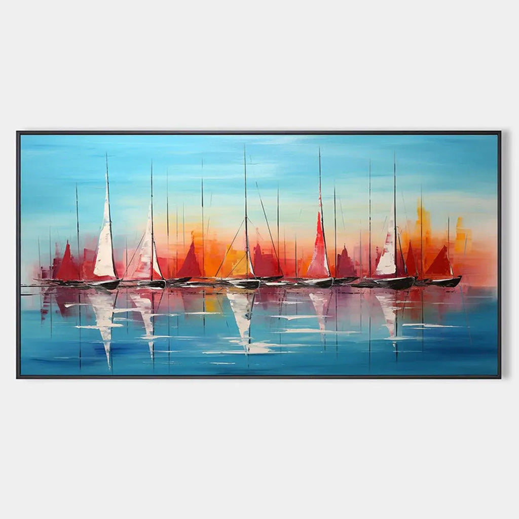 Panoramic Sailboat Painting, Colorful Sunset