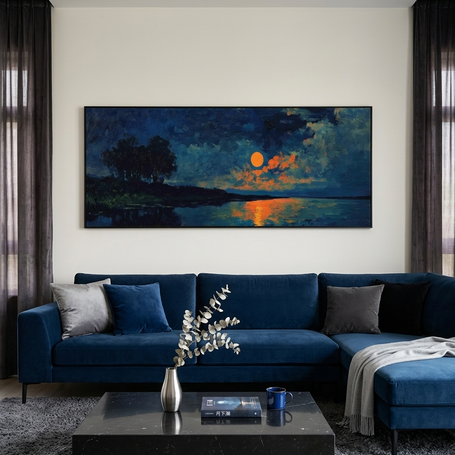 HARVEST MOON OVER THE LAKE PANORAMIC: Blue Lake Full Moon Canvas