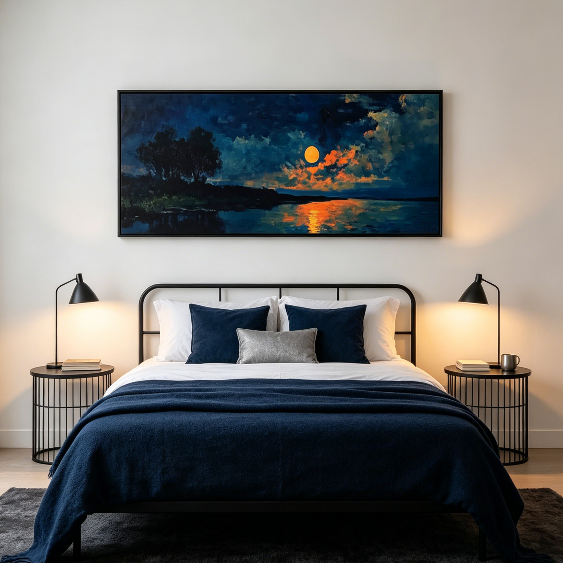 HARVEST MOON OVER THE LAKE PANORAMIC: Blue Lake Full Moon Canvas