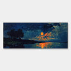 Panoramic painting of orange harvest moon over lake reflecting light, with silhouetted trees.