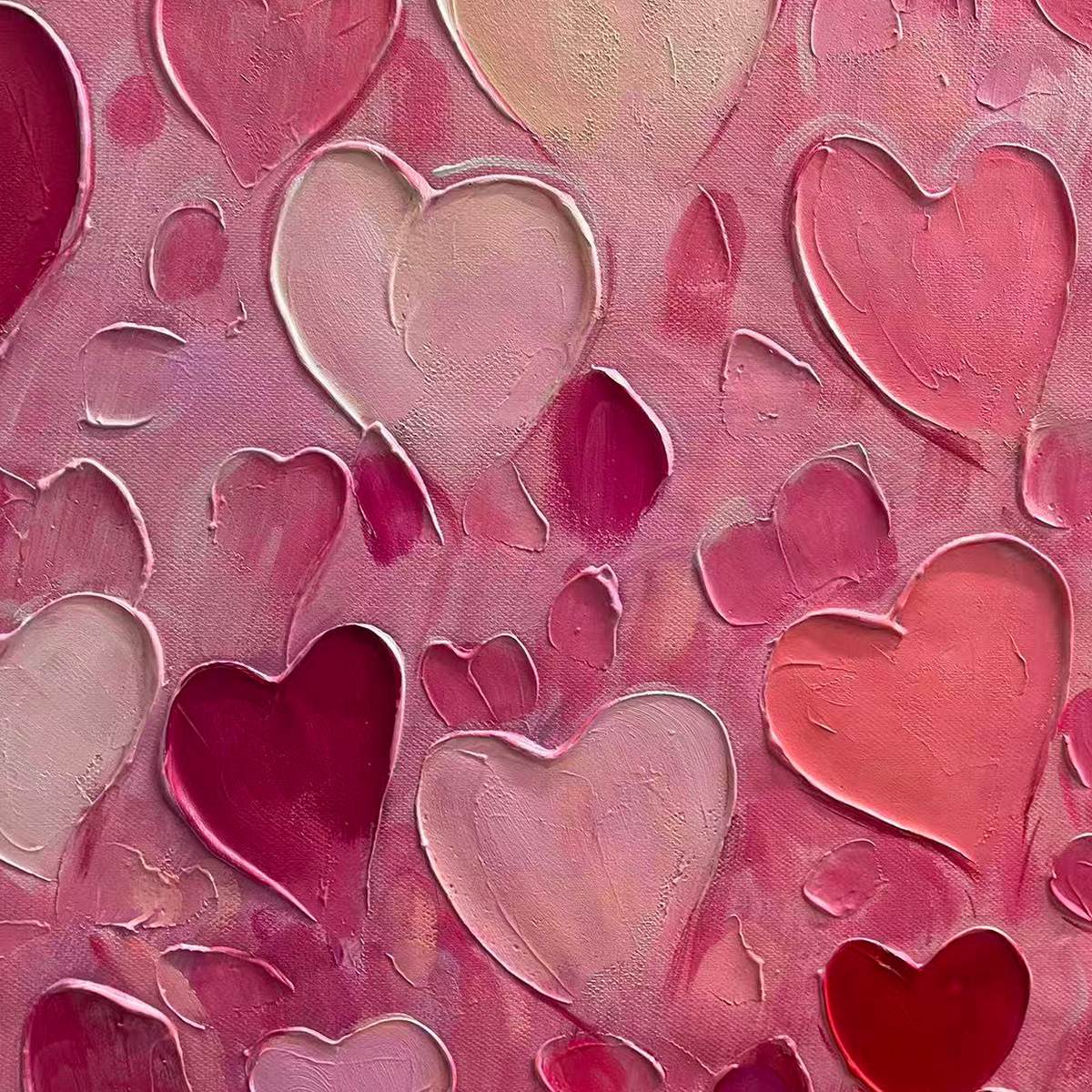 HEART RAIN: Textured Impasto Abstract Oil Painting in Pink and Red