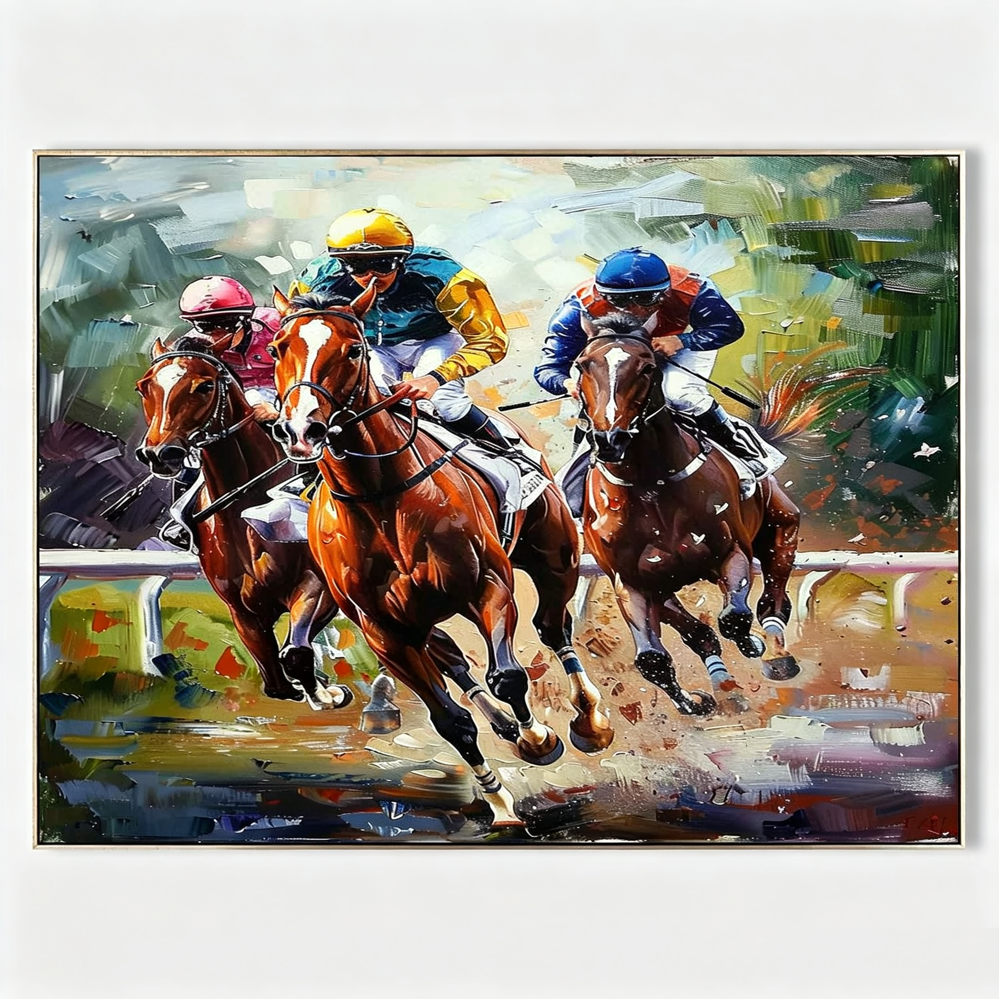 HORSE RACING: Galloping Racehorses Vibrant Silks Impasto Canvas