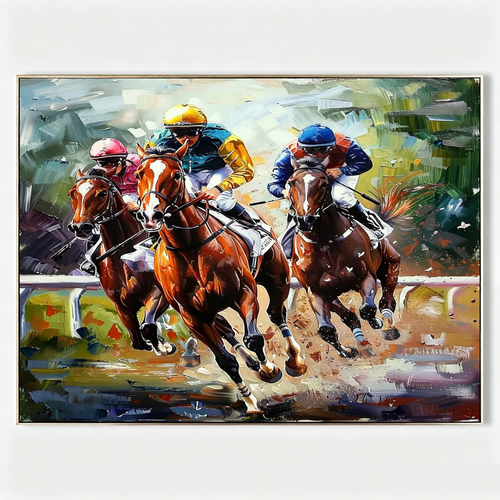 HORSE RACING: Galloping Racehorses Vibrant Silks Impasto Canvas