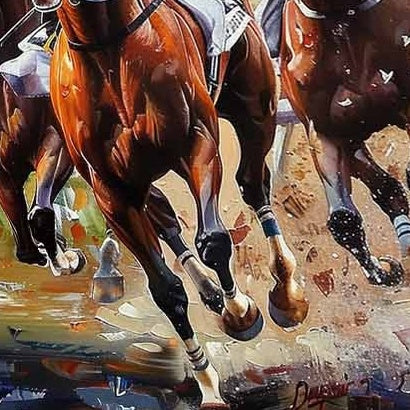 HORSE RACING: Galloping Racehorses Vibrant Silks Impasto Canvas