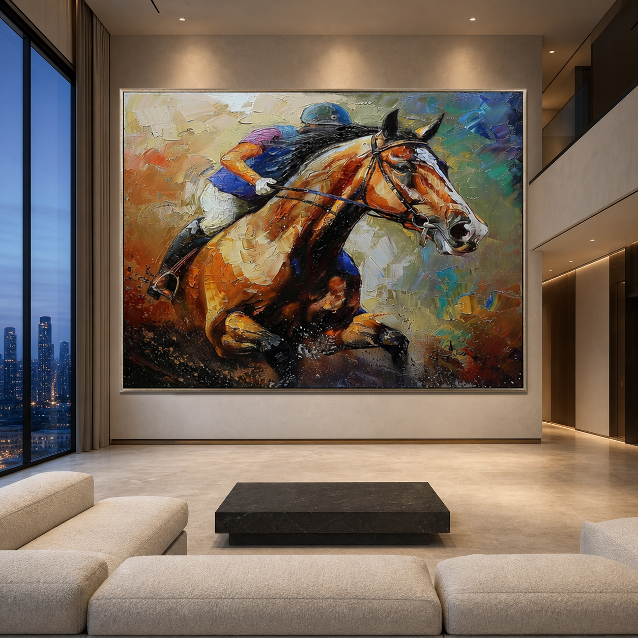 HORSE RIDING: Equestrian Cobalt Neo Expressionist Impasto Canvas