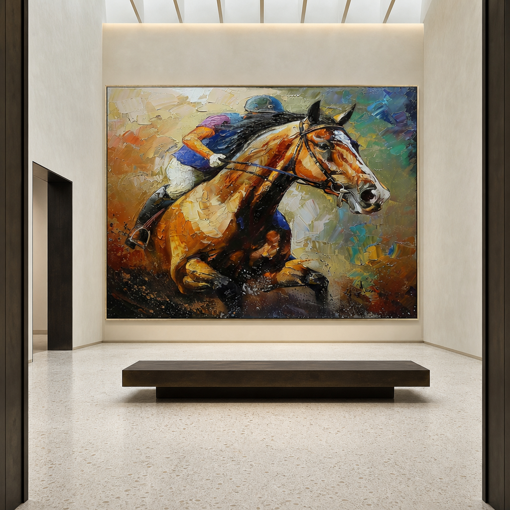 HORSE RIDING: Equestrian Cobalt Neo Expressionist Impasto Canvas
