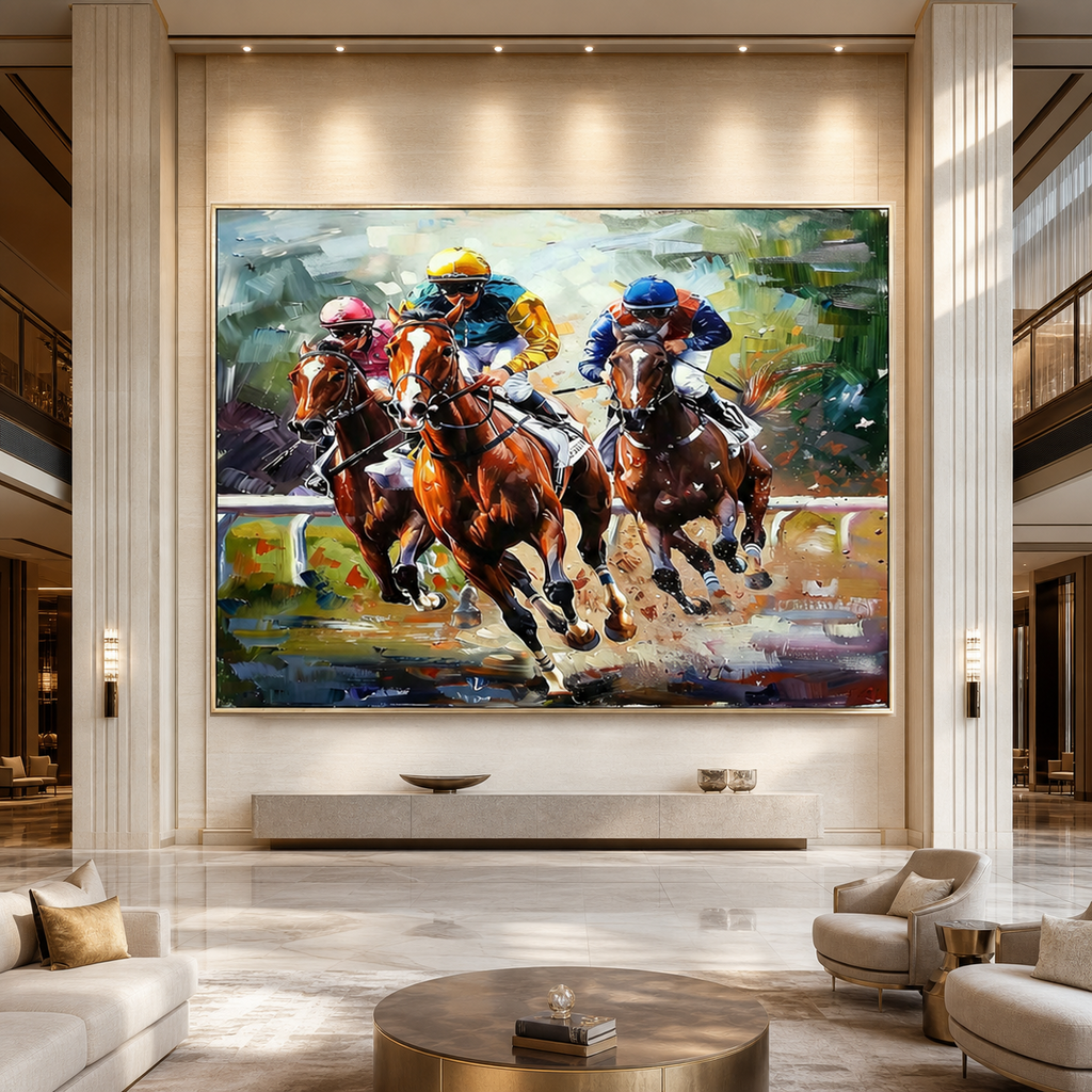 HORSE RACING: Galloping Racehorses Vibrant Silks Impasto Canvas