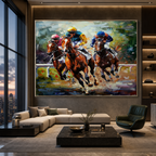 HORSE RACING: Galloping Racehorses Vibrant Silks Impasto Canvas