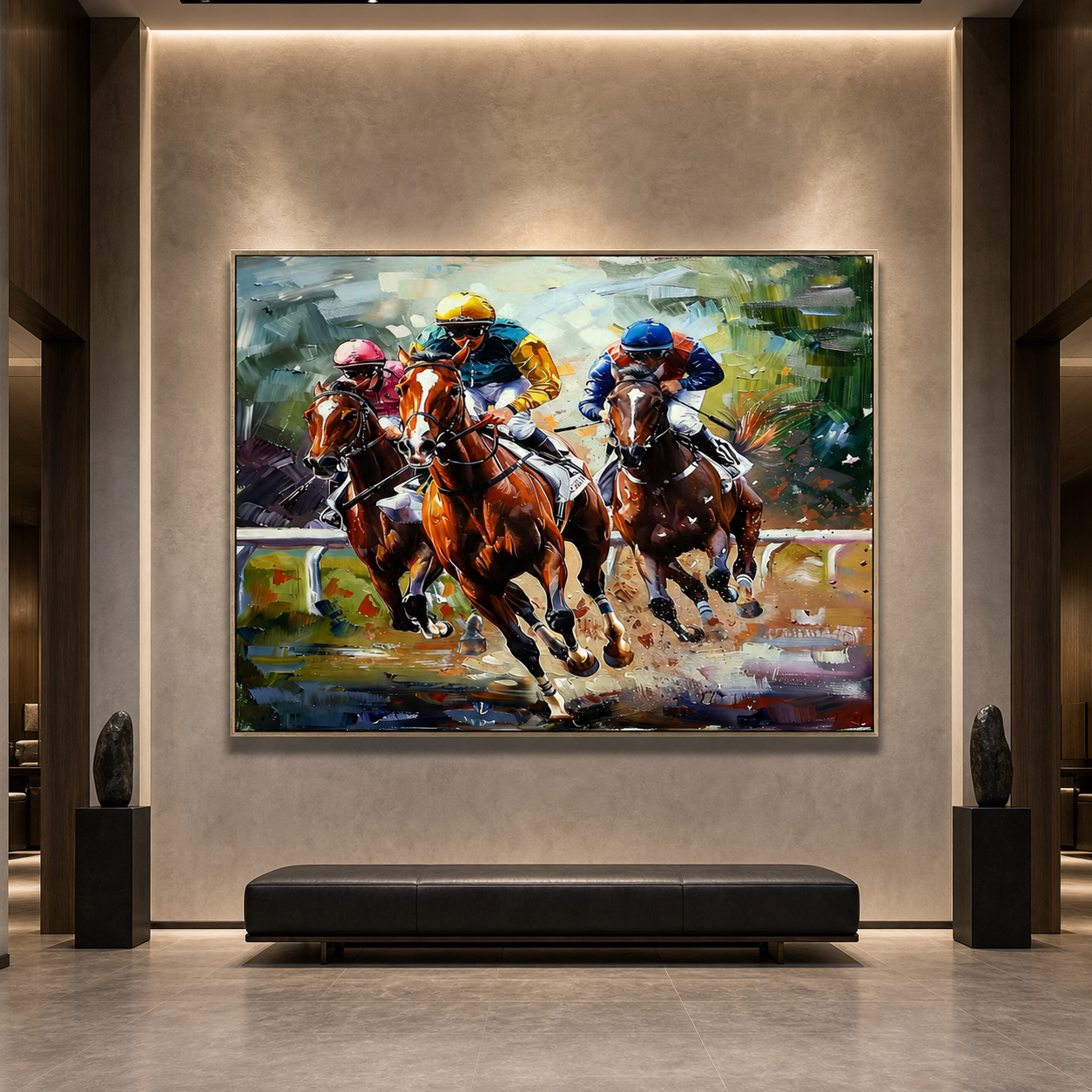 HORSE RACING: Galloping Racehorses Vibrant Silks Impasto Canvas