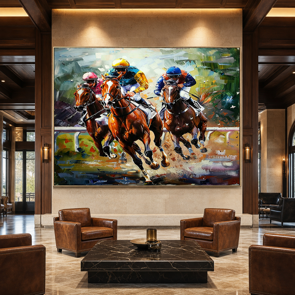 HORSE RACING: Galloping Racehorses Vibrant Silks Impasto Canvas