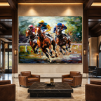 HORSE RACING: Galloping Racehorses Vibrant Silks Impasto Canvas