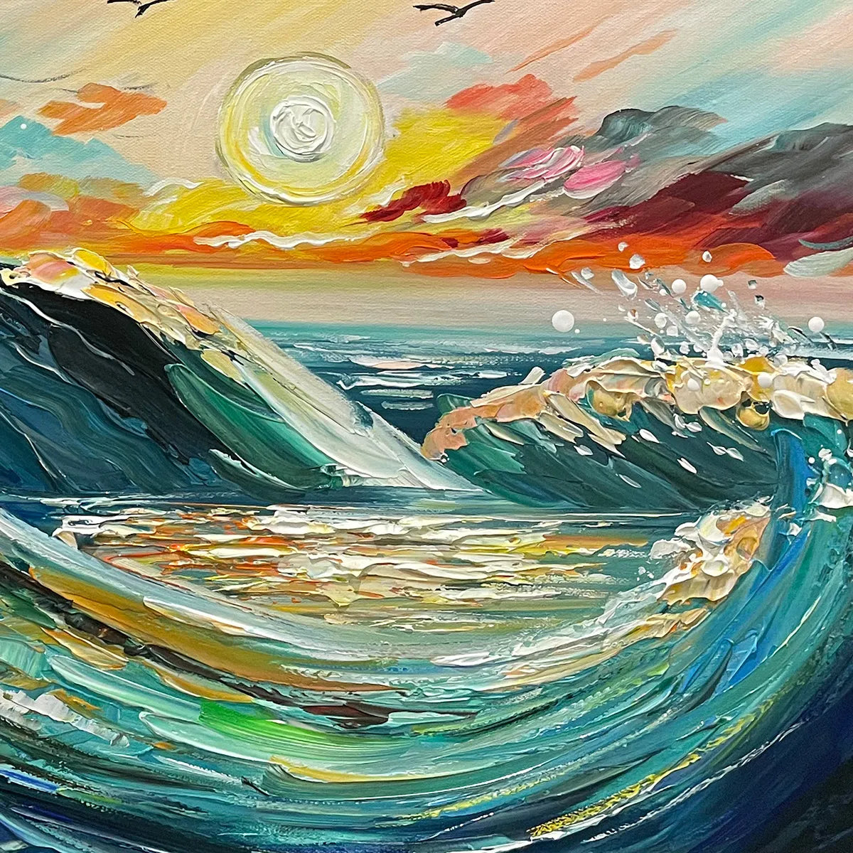 OCEANIC PULSE: Teal Coral Impasto Waves With 24K Gold Leaf Horizontal Canvas