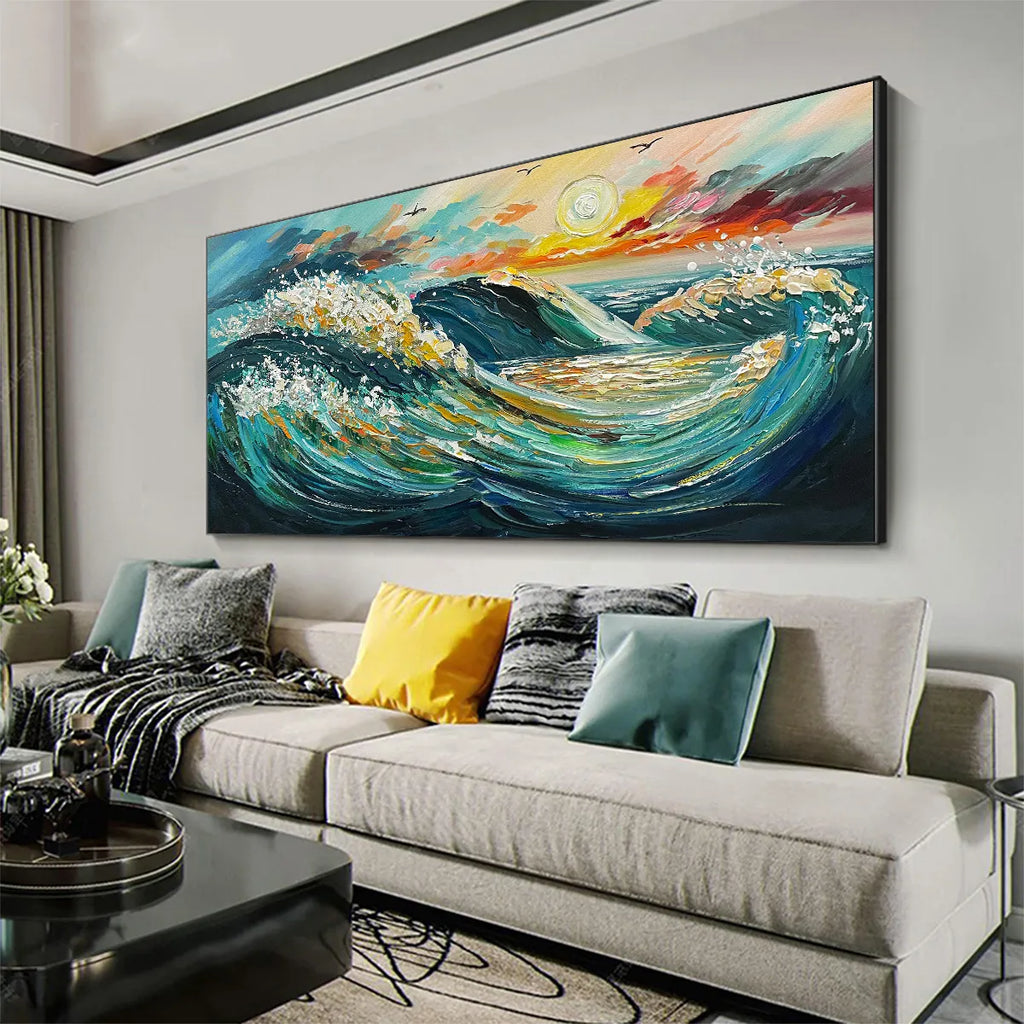 OCEANIC PULSE: Teal Coral Impasto Waves With 24K Gold Leaf Horizontal Canvas