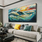 OCEANIC PULSE: Teal Coral Impasto Waves With 24K Gold Leaf Horizontal Canvas