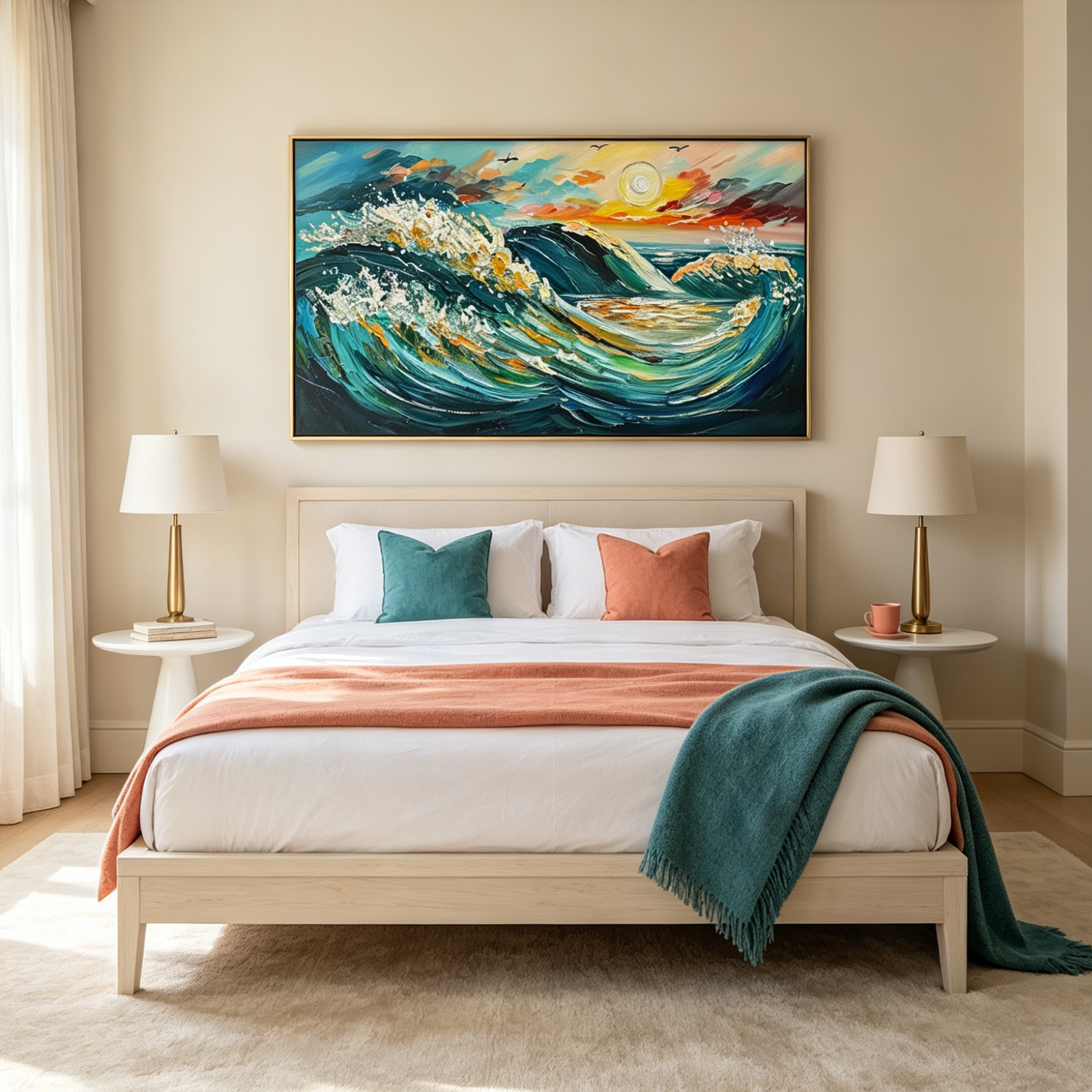 OCEANIC PULSE: Teal Coral Impasto Waves With 24K Gold Leaf Horizontal Canvas