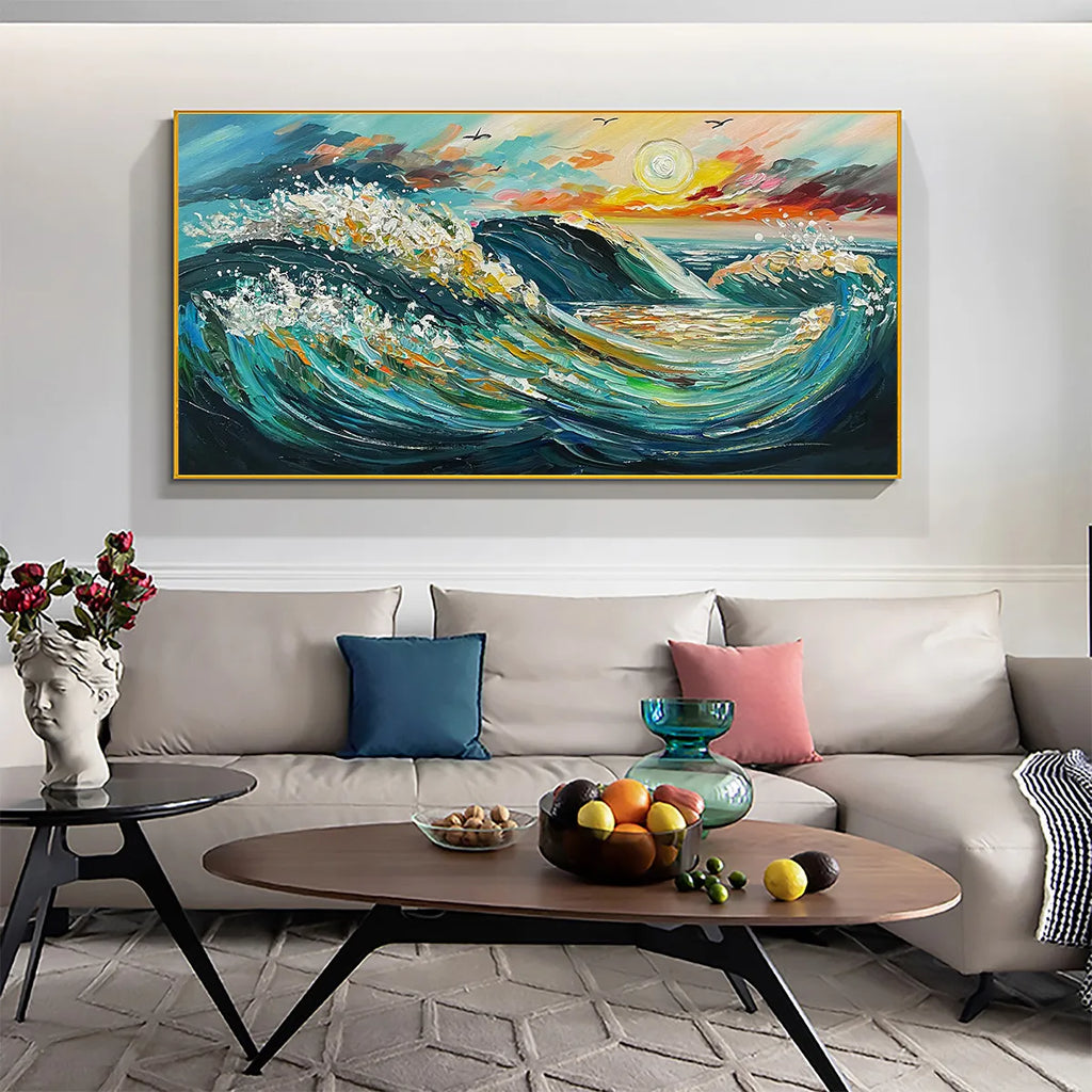 OCEANIC PULSE: Teal Coral Impasto Waves With 24K Gold Leaf Horizontal Canvas