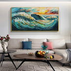 OCEANIC PULSE: Teal Coral Impasto Waves With 24K Gold Leaf Horizontal Canvas
