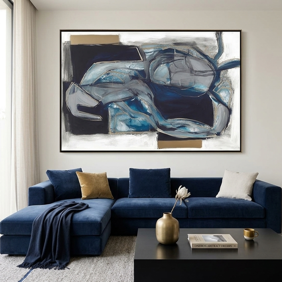 INDIGO DREAMSCAPE: Textured Impasto Deep Indigo Shimmering Gold Canvas