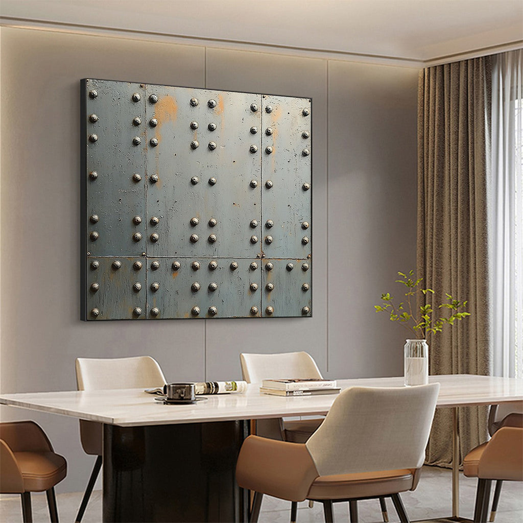 INDUSTRIAL STRENGTH: Textured Metal Panel With Rivets Patina Square Canvas